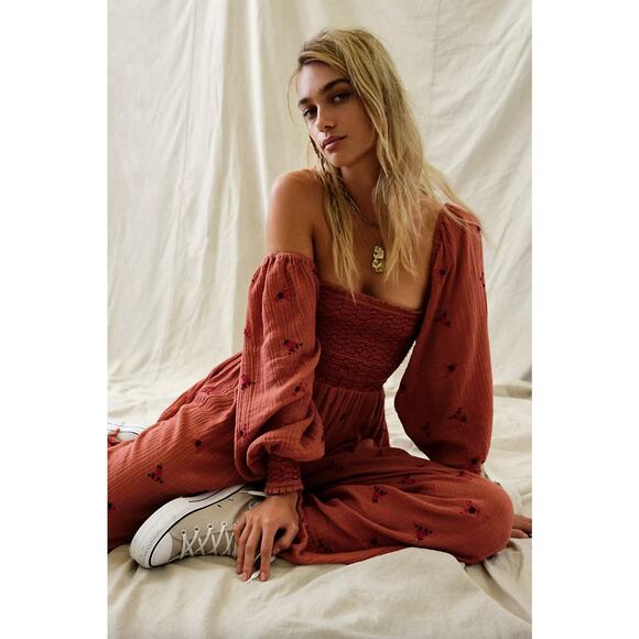 Free People Dahlia Jumpsuit Floral Wide Leg Smocked Pink Red XS Embroidery Boho - Picture 8 of 9